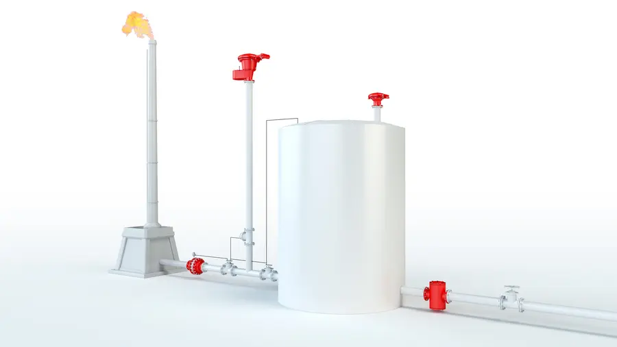 Uma renderização 3D mostra um grande tanque de armazenamento branco conectado por tubulação a uma chaminé de queima com uma chama, com equipamentos de segurança vermelhos instalados nas saídas de ventilação e na tubulação.