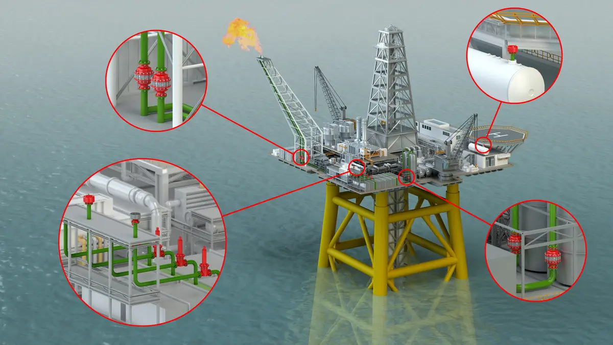 Plateforme pétrolière offshore équipée d'appareils de sécurité PROTEGO® installés à divers endroits pour une protection et un fonctionnement optimaux.