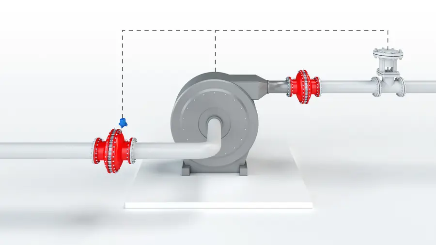 Eine 3D-Darstellung zeigt einen an Rohrleitungen angeschlossenen Industrieventilator mit roten Armaturen auf beiden Seiten und gestrichelten Linien, die Überwachungs- oder Steueranschlüsse kennzeichnen.