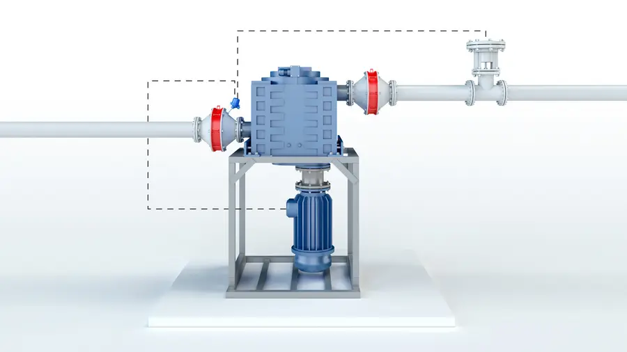 Eine 3D-Darstellung zeigt ein blaues Industriegebläse oder einen Kompressor auf einem Metallgestell, das an Rohrleitungen angeschlossen ist, mit roten Armaturen auf beiden Seiten und gestrichelten Kästchen, die die überwachten Abschnitte kennzeichnen.