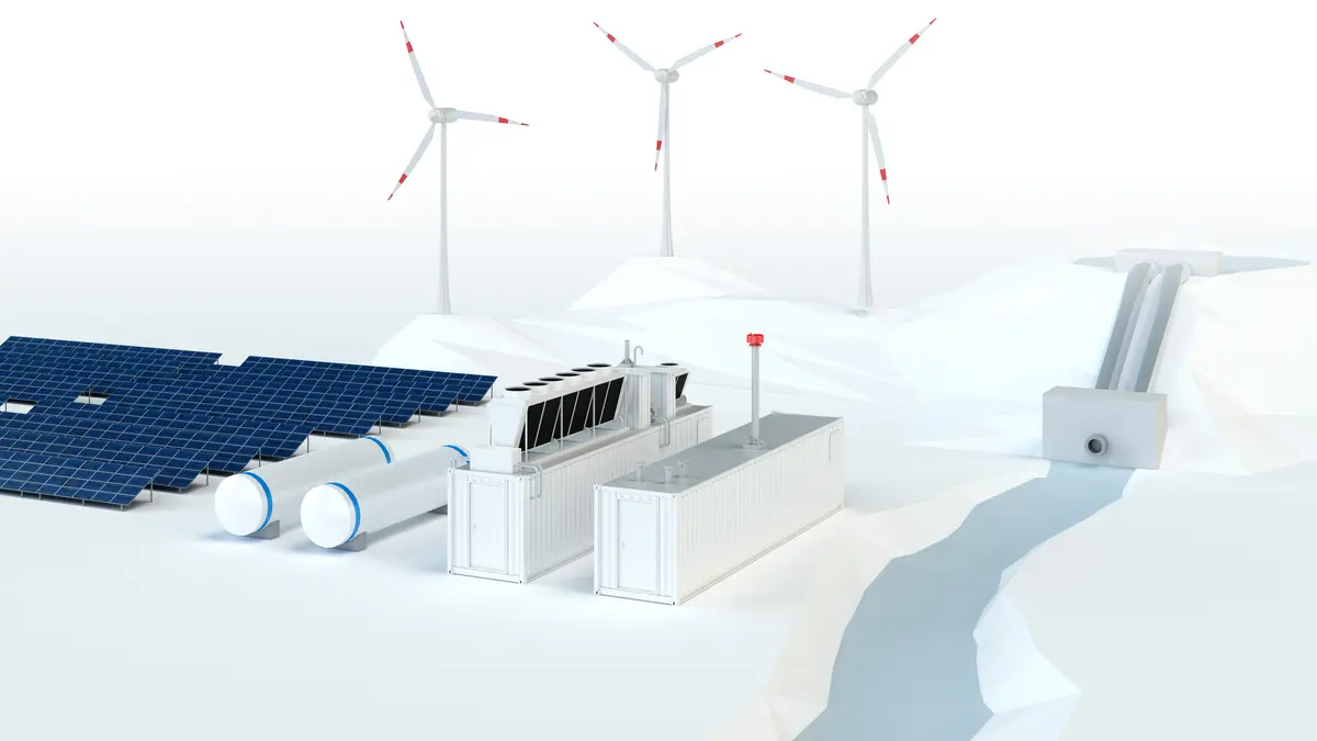 Uma renderização 3D de um complexo energético com painéis solares, contêineres, turbinas eólicas e uma estrutura semelhante a uma barragem, conectadas por um canal.