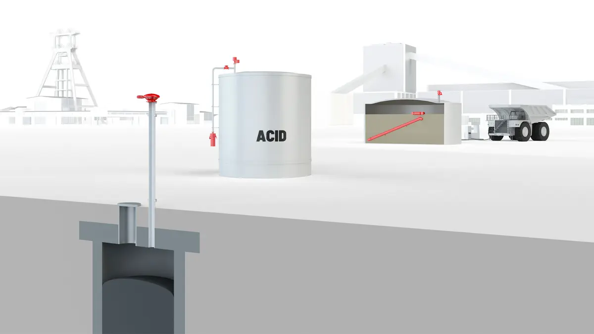 Schematische Darstellung eines Grubenbelüftungssystems mit Abluft- und Sicherheitsvorrichtungen sowie integrierten PROTEGO®-Armaturen.