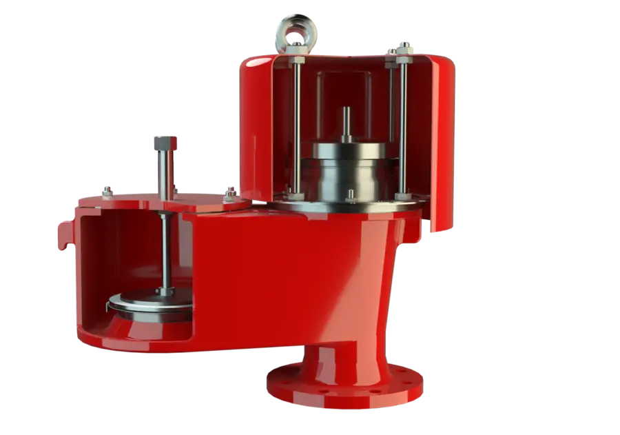 Cutaway 3D render of a red industrial valve assembly showing internal chambers and a piston-like mechanism on a black background.