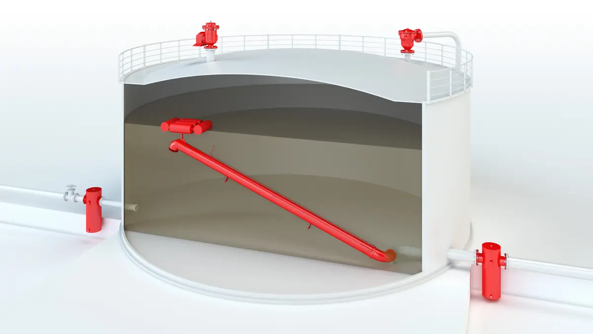 Lagertank mit festem Dach, ausgestattet mit PROTEGO®-Sicherheitsarmaturen und interner Verrohrung.