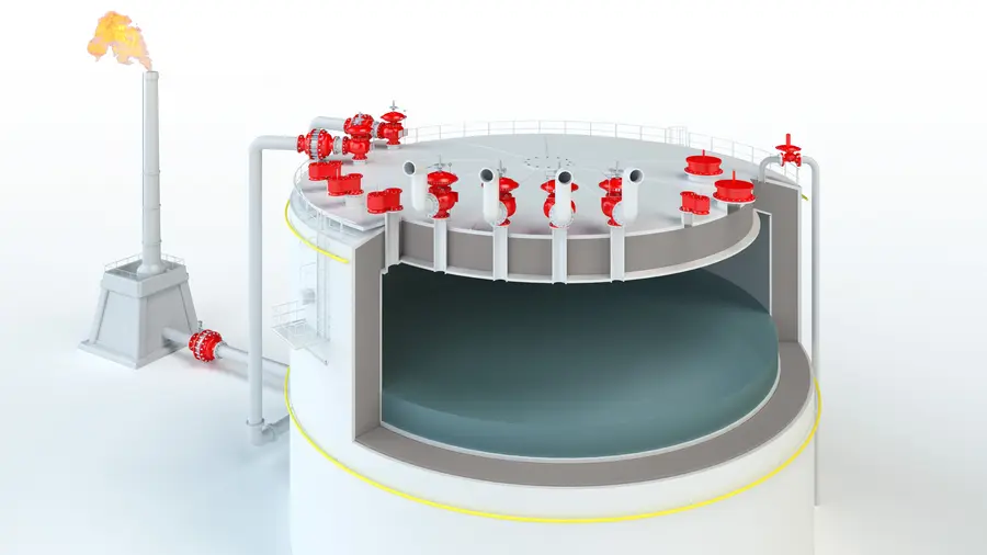 Eine 3D-Darstellung im Schnittansicht eines großen zylindrischen Lagertanks mit Schwimmdach, auf dessen Oberseite mehrere rote Entlüftungs-/Sicherheits-Armaturen zu sehen sind, die über Rohrleitungen mit einer Fackelanlage verbunden sind.