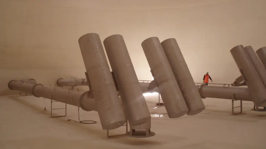 Dentro de um grande tanque de armazenamento, vários tubos de ventilação metálicos de grande porte se estendem em ângulo ascendente a partir de um coletor, enquanto um trabalhador vestindo um colete de segurança laranja permanece em pé à distância.