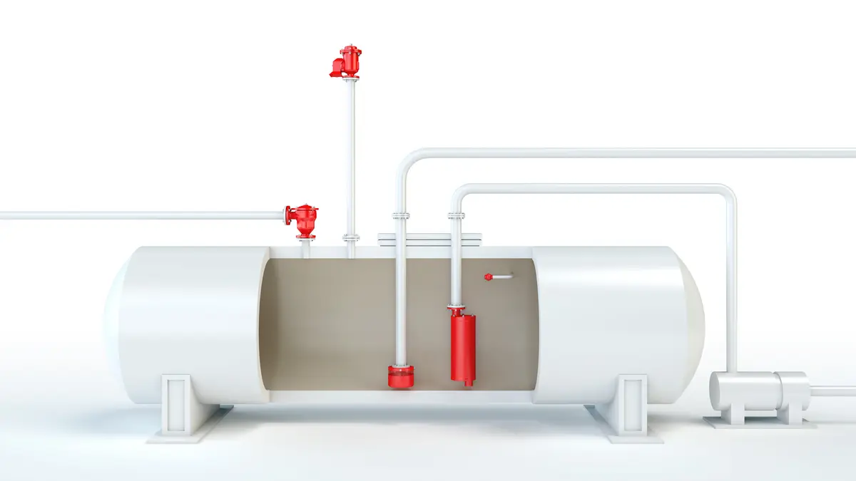 Réservoir de stockage horizontal équipé d'appareils PROTEGO® pour des applications industrielles.