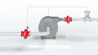 A 3D rendering shows an industrial fan connected to piping, with red inline safety devices on both sides and dashed lines indicating monitoring or control connections.