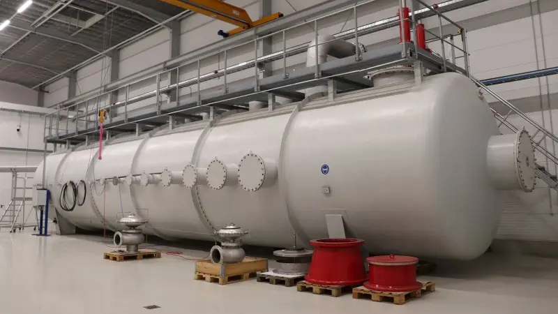 Large horizontal industrial pressure vessel inside a factory hall, fitted with multiple nozzles, valves, and an elevated access platform beneath an overhead crane.