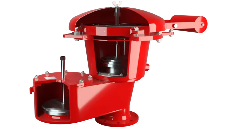 Red combination flame arrester and vent valve in cutaway view, showing the internal housing and safety components.